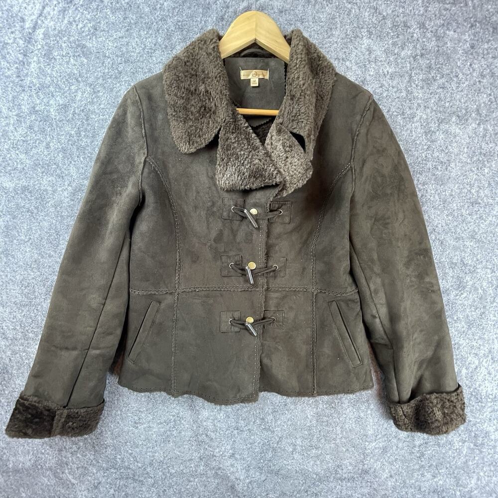 Wilsons Leather Jacket Womens Medium‎ Brown Faux Suede Furry Toggle 90s Y2K